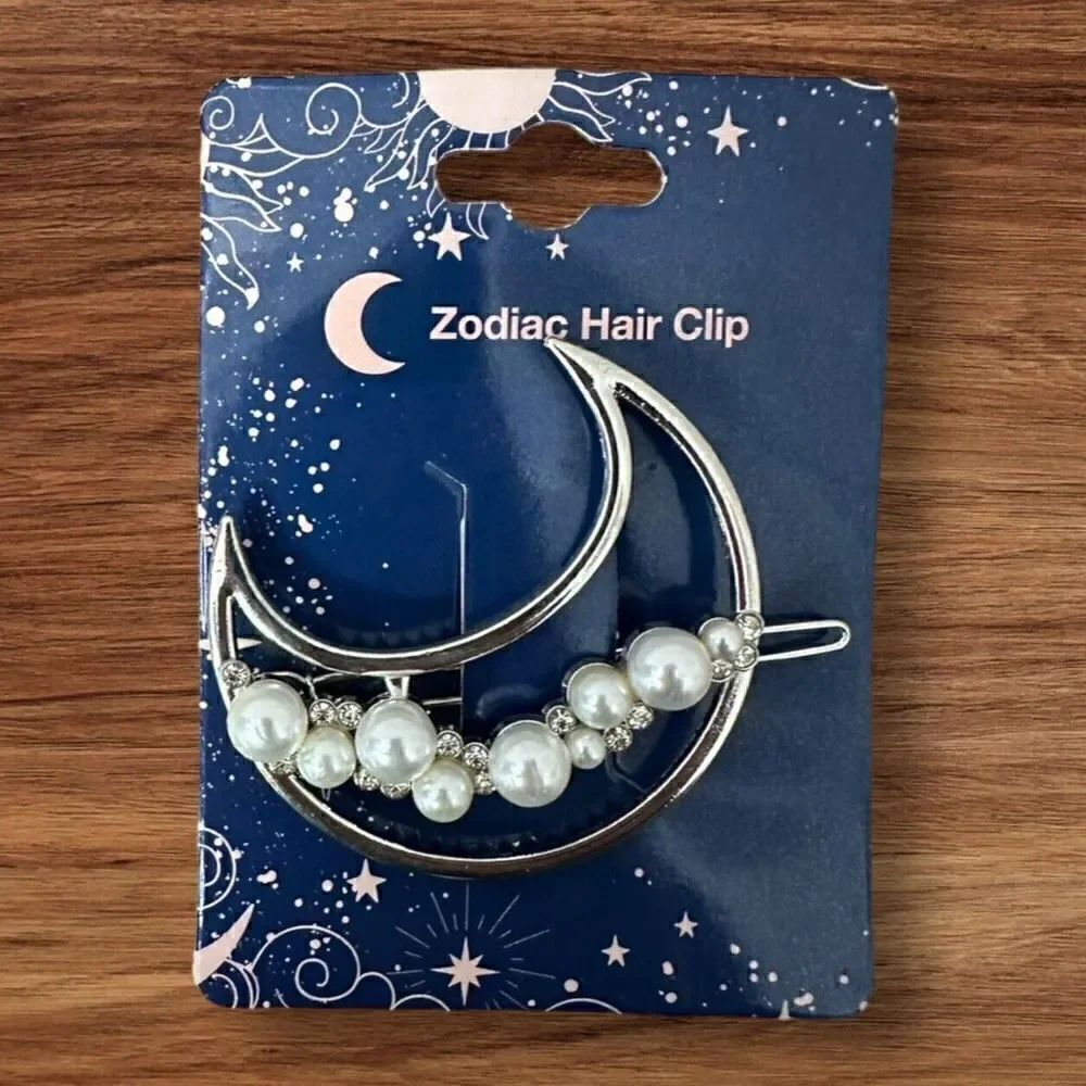 NWT 2 Inch Zodiac Gold PlatedβMetal Imitation Pearl Half Moon Hair ClipβBarrette